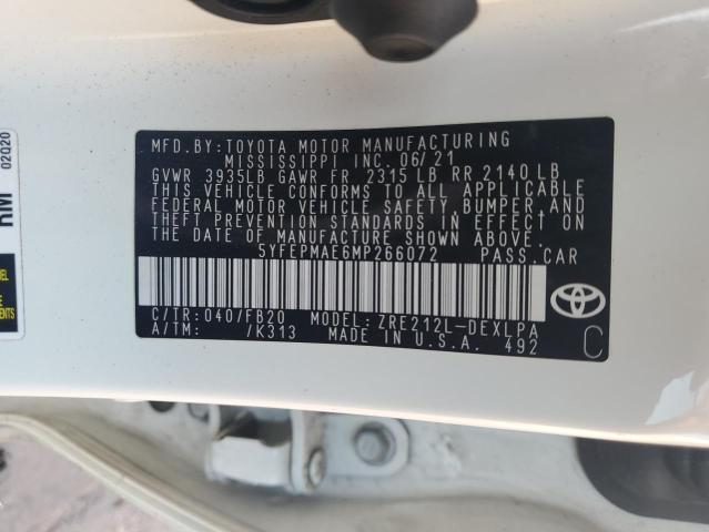 5YFEPMAE6MP266072 - 2021 TOYOTA COROLLA LE Beyaz fotoğraf 12