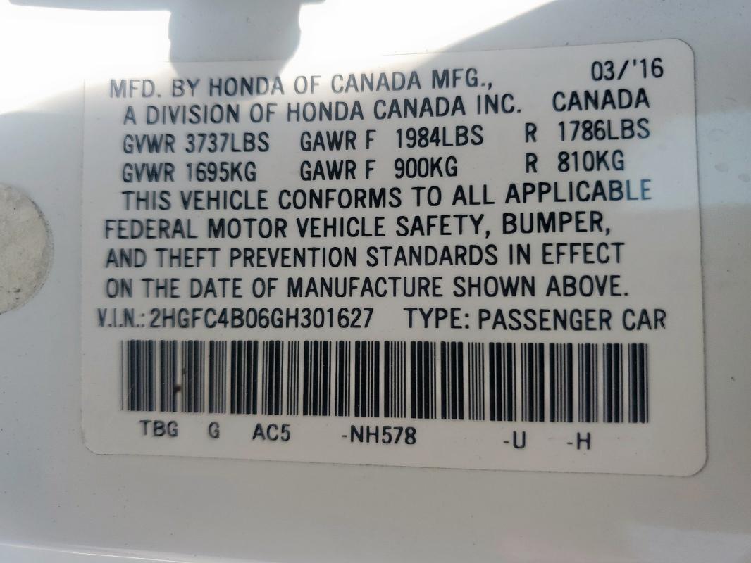 2HGFC4B06GH301627 - 2016 HONDA CIVIC LX თეთრი ფოტო 12