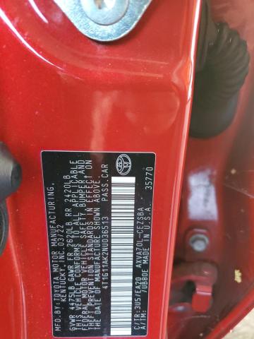 4T1G11AK2NU036513 - 2022 TOYOTA CAMRY SE 红色 照片 12
