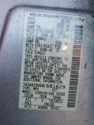 5N1AR18U66C681629 - 2006 NISSAN PATHFINDER LE 银色 照片 13