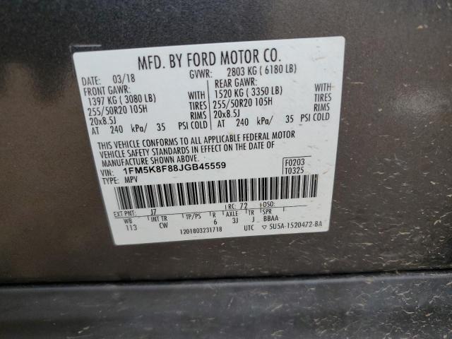 1FM5K8F88JGB45559 - 2018 FORD EXPLORER LIMITED Qara foto 12