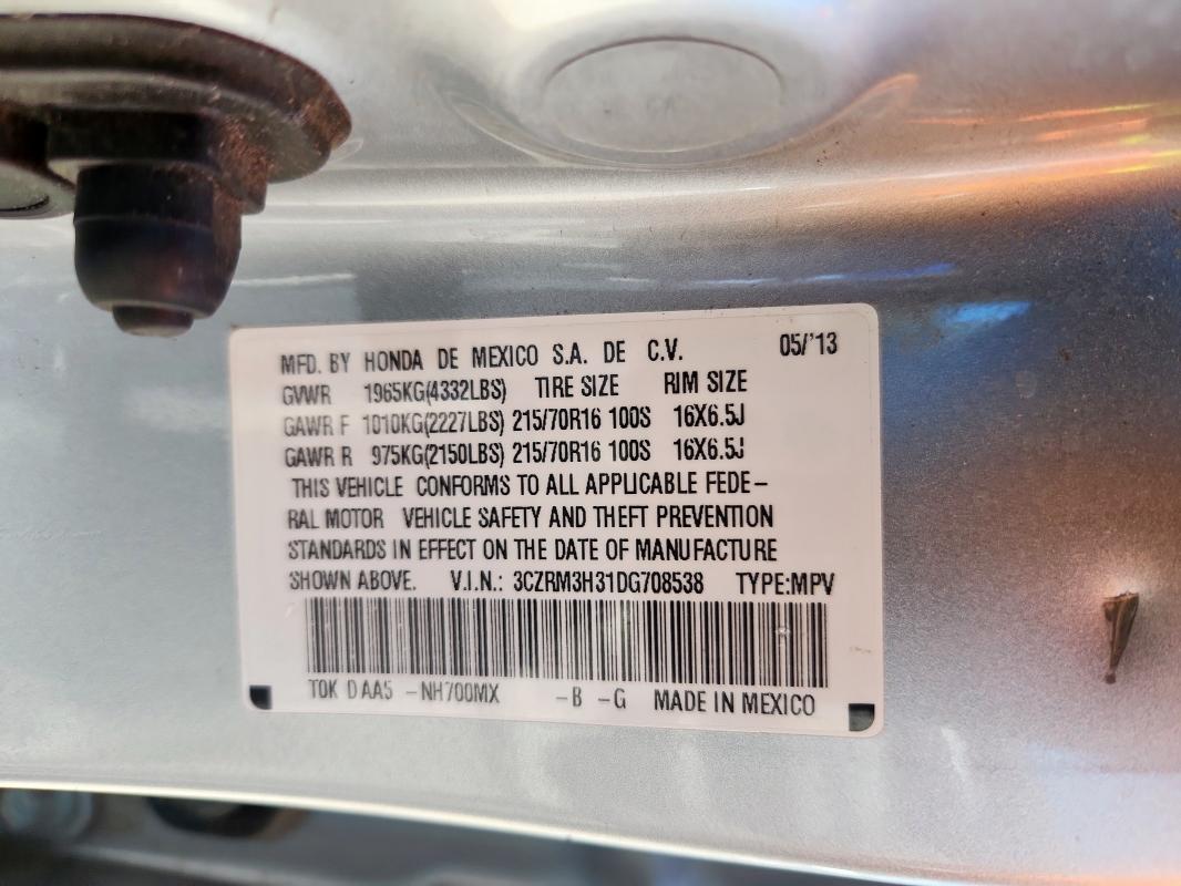 3CZRM3H31DG708538 - 2013 HONDA CR-V LX ვერცხლისფერი ფოტო 14