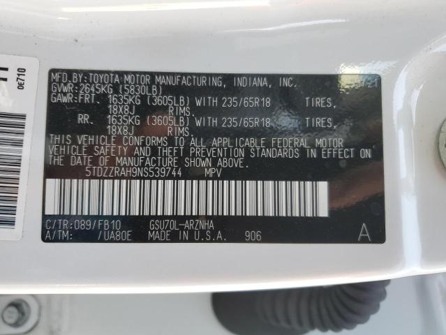 5TDZZRAH9NS539744 - 2022 TOYOTA HIGHLANDER L WHITE photo 12