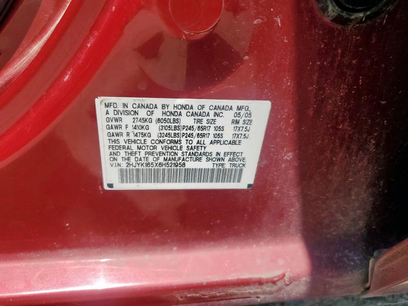 2HJYK165X6H521958 - 2006 HONDA RIDGELINE RTL BURGUNDY photo 12