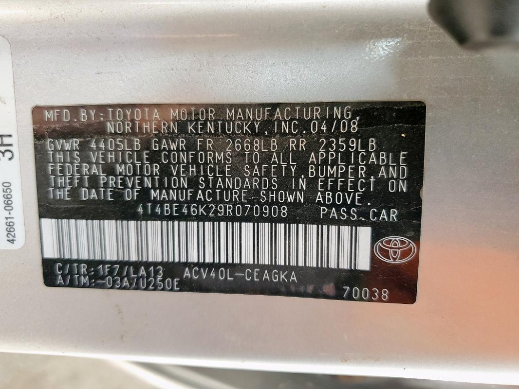 4T4BE46K29R070908 - 2009 TOYOTA CAMRY BASE Արծաթագույն լուսանկար 12