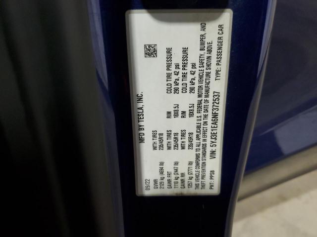 5YJ3E1EA6NF372537 - 2022 TESLA MODEL 3 BLUE photo 12