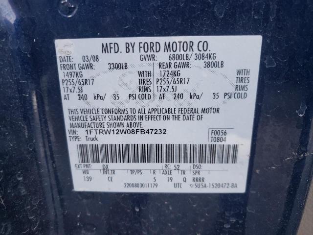 1FTRW12W08FB47232 - 2008 FORD F150 SUPER BLUE photo 13