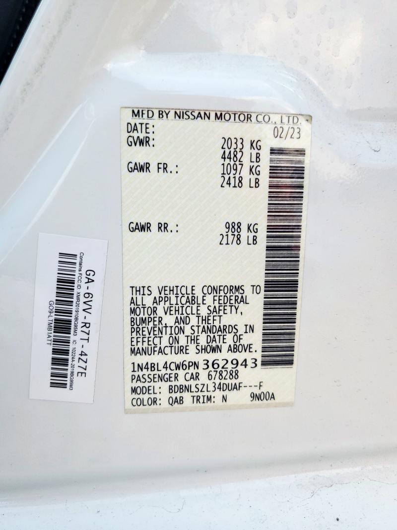 1N4BL4CW6PN362943 - 2023 NISSAN ALTIMA SR 白色 照片 12