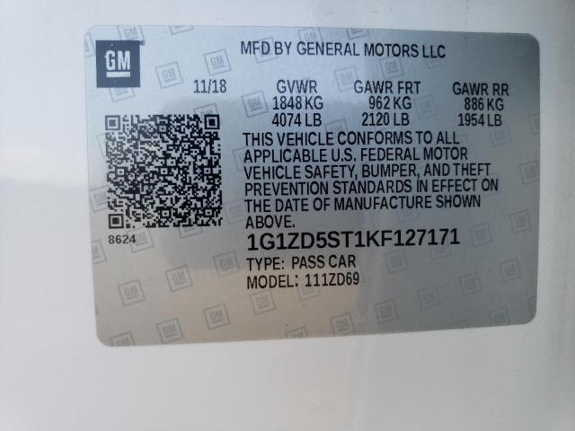 1G1ZD5ST1KF127171 - 2019 CHEVROLET MALIBU LT Білий фото 12