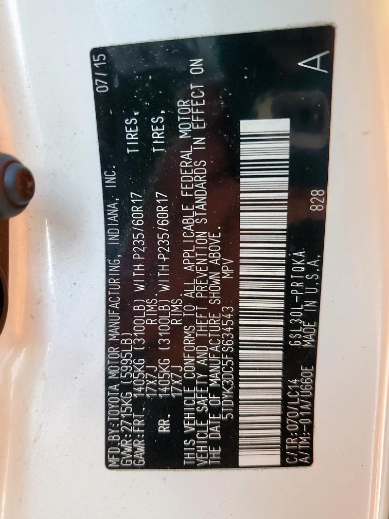 5TDYK3DC5FS634543 - 2015 TOYOTA SIENNA XLE WHITE photo 14