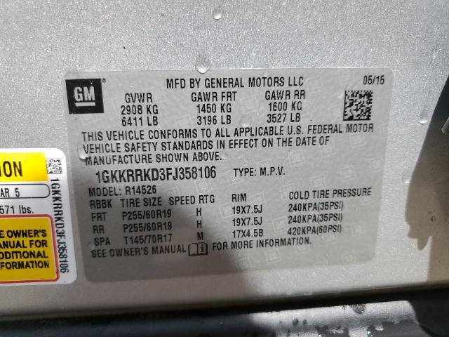 1GKKRRKD3FJ358106 - 2015 GMC ACADIA SLT-1 SILVER photo 13