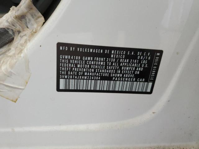 3VW2B7AJXHM224384 - 2017 VOLKSWAGEN JETTA S WHITE photo 12