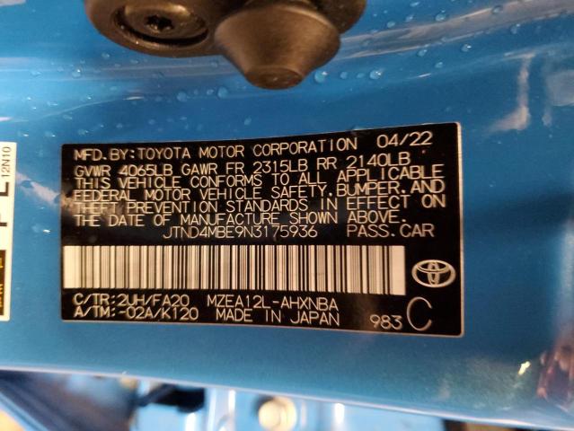 JTND4MBE9N3175936 - 2022 TOYOTA COROLLA SE BLUE photo 12