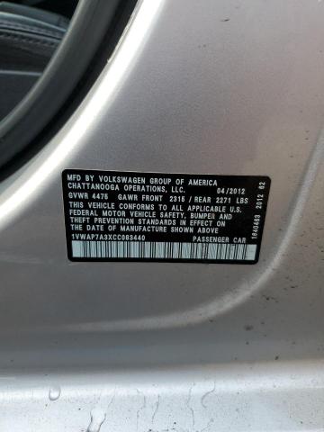 1VWAP7A3XCC083440 - 2012 VOLKSWAGEN PASSAT S SILVER photo 12