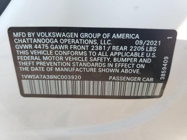 1VWSA7A38NC003920 - 2022 VOLKSWAGEN PASSAT SE WHITE photo 12