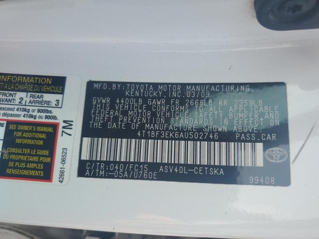 4T1BF3EK6AU502746 - 2010 TOYOTA CAMRY BASE WHITE photo 12