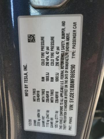 5YJ3E1EB8MF869290 - 2021 TESLA MODEL 3 Մոխրագույն լուսանկար 12