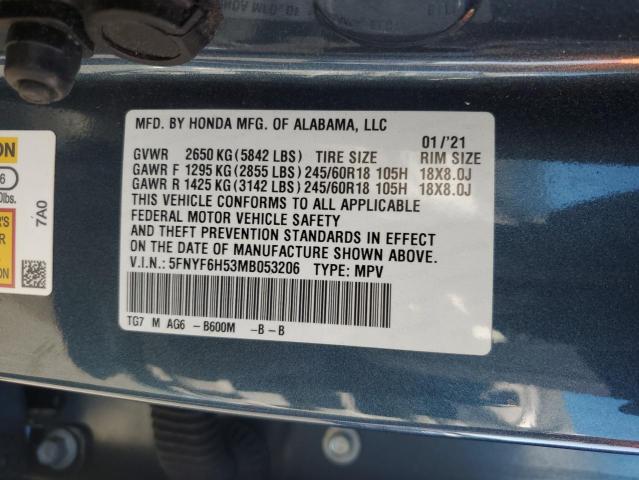 5FNYF6H53MB053206 - 2021 HONDA PILOT EXL TEAL photo 14