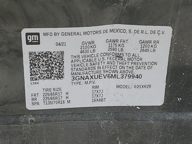 3GNAXUEV6ML379940 - 2021 CHEVROLET EQUINOX LT GRAY photo 12