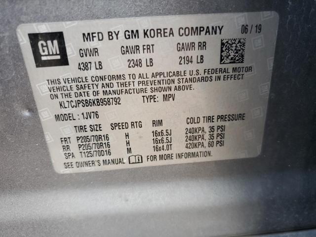 KL7CJPSB6KB958792 - 2019 CHEVROLET TRAX 1LT GRAY photo 13