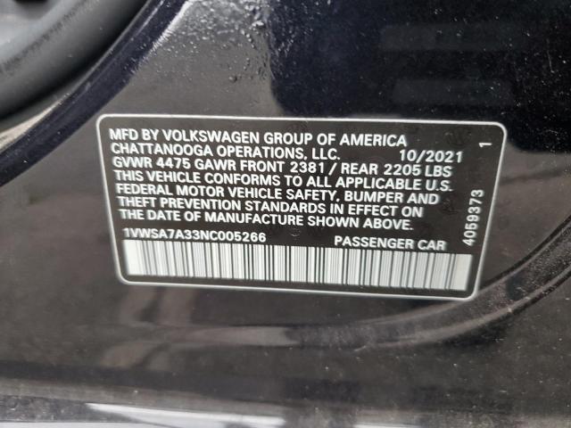 1VWSA7A33NC005266 - 2022 VOLKSWAGEN PASSAT SE BLACK photo 12