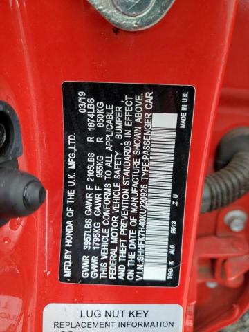 SHHFK7H40KU220925 - 2019 HONDA CIVIC SPORT RED photo 12