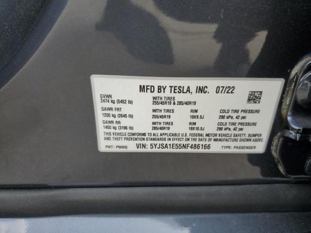 5YJSA1E55NF486166 - 2022 TESLA MODEL S Մոխրագույն լուսանկար 13