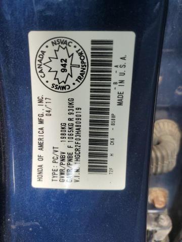 1HGCR2F03HA809019 - 2017 HONDA ACCORD EX Көк фото 12