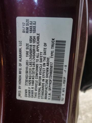 5FPYK3F72HB026817 - 2017 HONDA RIDGELINE RTL RED photo 12