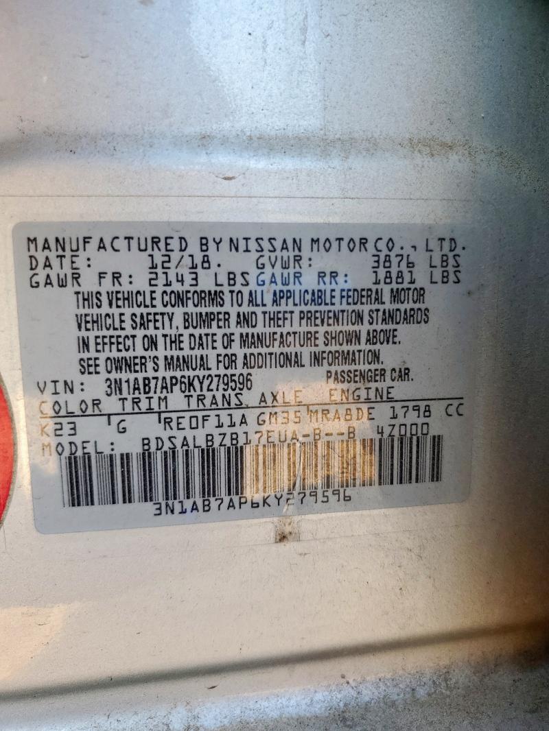 3N1AB7AP6KY279596 - 2019 NISSAN SENTRA S SILVER photo 12