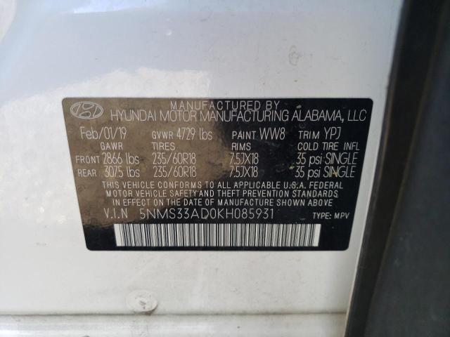 5NMS33AD0KH085931 - 2019 HYUNDAI SANTA FE SEL WHITE photo 13