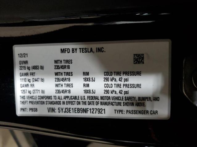5YJ3E1EB9NF127921 - 2022 TESLA MODEL 3 შავი ფოტო 13