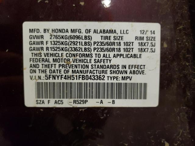 5FNYF4H51FB043362 - 2015 HONDA PILOT EXL BURGUNDY photo 13