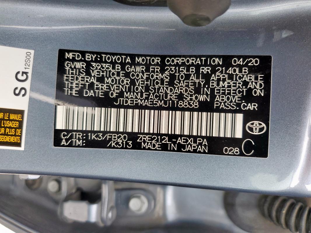 JTDEPMAE5MJ118838 - 2021 TOYOTA COROLLA LE GRAY photo 13