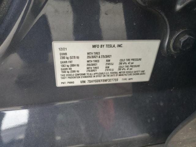 7SAYGDEF8NF327759 - 2022 TESLA MODEL Y Grafit foto 12