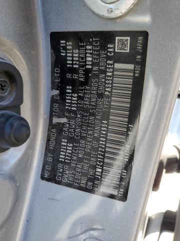 JHMFC1F72JX014954 - 2018 HONDA CIVIC EXL ვერცხლისფერი ფოტო 12