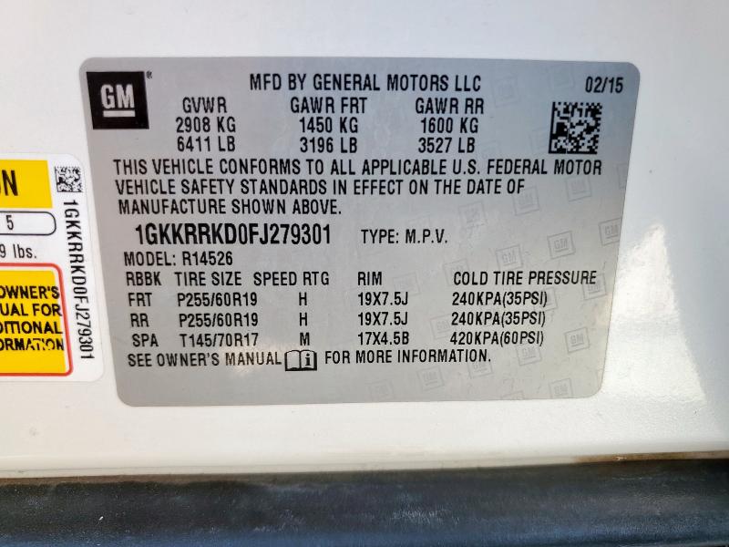 1GKKRRKD0FJ279301 - 2015 GMC ACADIA SLT-1 WHITE photo 12