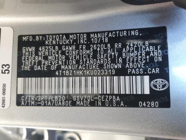 4T1BZ1HK1KU023319 - 2019 TOYOTA CAMRY XSE 银色 照片 12