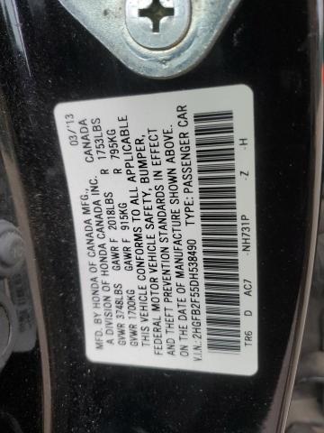 2HGFB2F55DH538490 - 2013 HONDA CIVIC LX შავი ფოტო 12