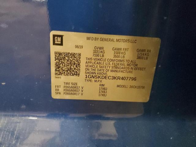 1GNSKDEC3KR407796 - 2019 CHEVROLET TAHOE POLICE Синій фото 13