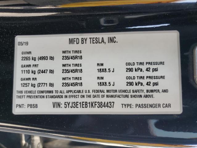 5YJ3E1EB1KF384437 - 2019 TESLA MODEL 3 შავი ფოტო 12