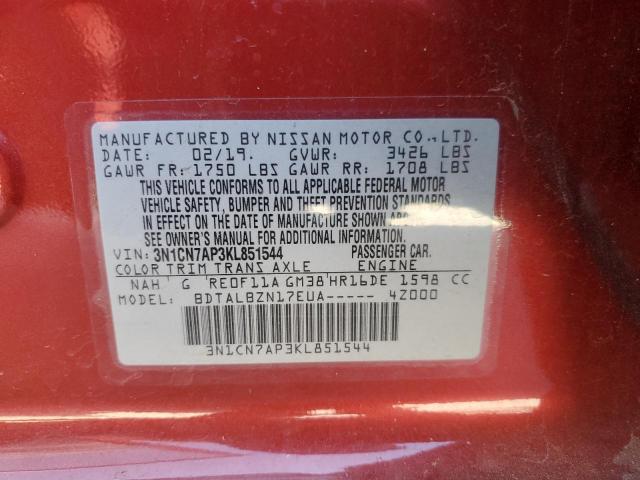 3N1CN7AP3KL851544 - 2019 NISSAN VERSA S RED photo 12