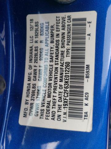 19XFC2F63KE012260 - 2019 HONDA CIVIC LX BLUE photo 12