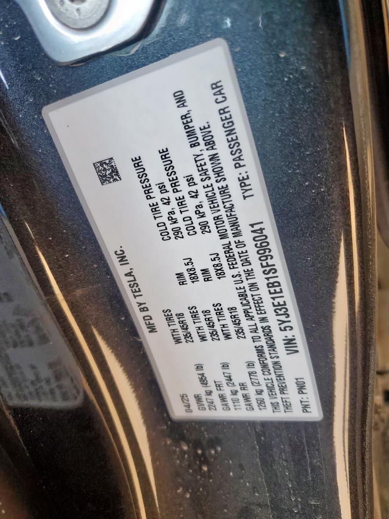 5YJ3E1EB1SF996041 - 2025 TESLA MODEL 3 GRAY photo 12