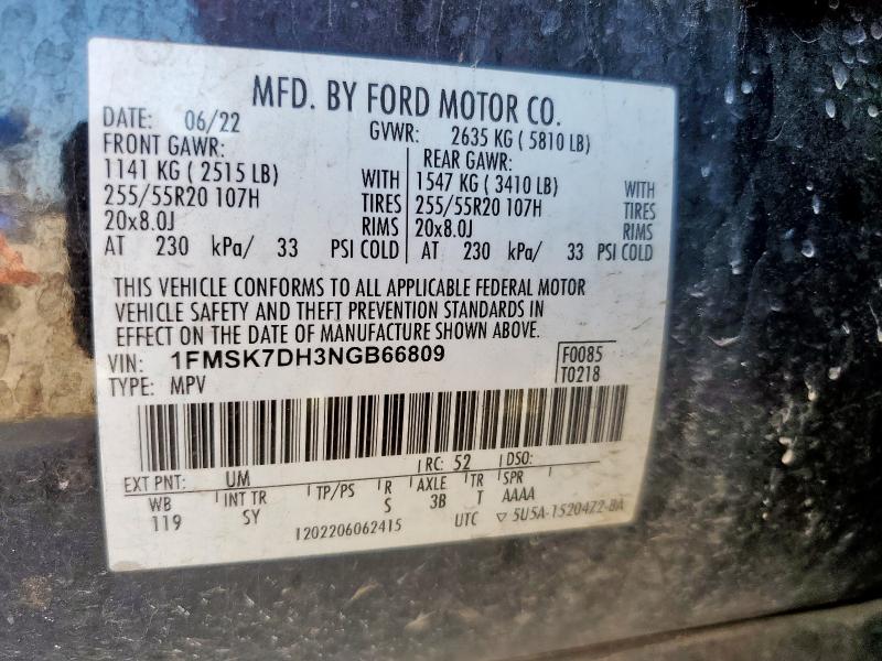 1FMSK7DH3NGB66809 - 2022 FORD EXPLORER XLT 黑色 照片 13