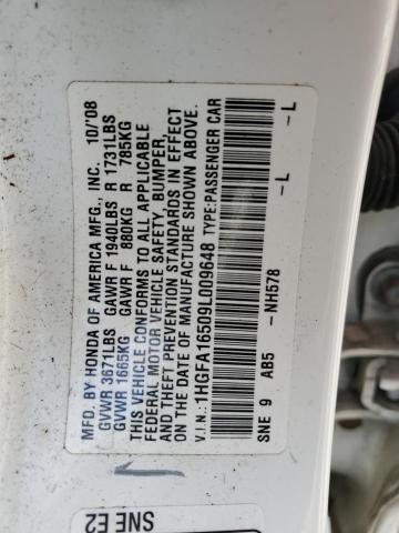 1HGFA16509L009648 - 2009 HONDA CIVIC LX WHITE photo 12