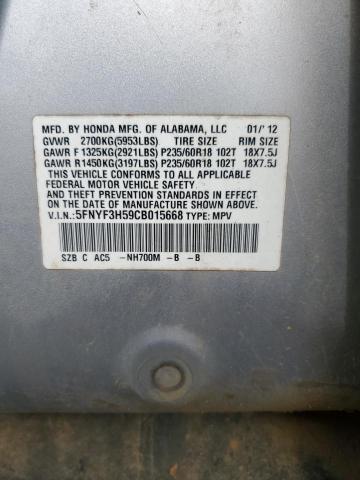 5FNYF3H59CB015668 - 2012 HONDA PILOT EXL Gümüş foto 12