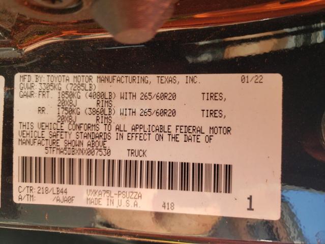 5TFMA5DBXNX007530 - 2022 TOYOTA TUNDRA CREWMAX PLATINUM Schwarz Foto 12