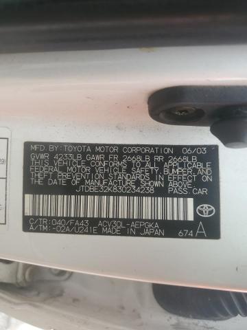 JTDBE32K830234238 - 2003 TOYOTA CAMRY LE WHITE photo 12
