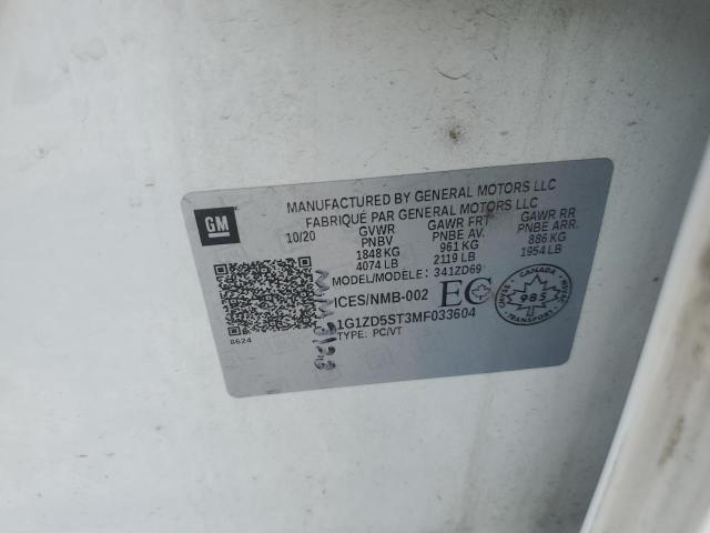 1G1ZD5ST3MF033604 - 2021 CHEVROLET MALIBU LT WHITE photo 12